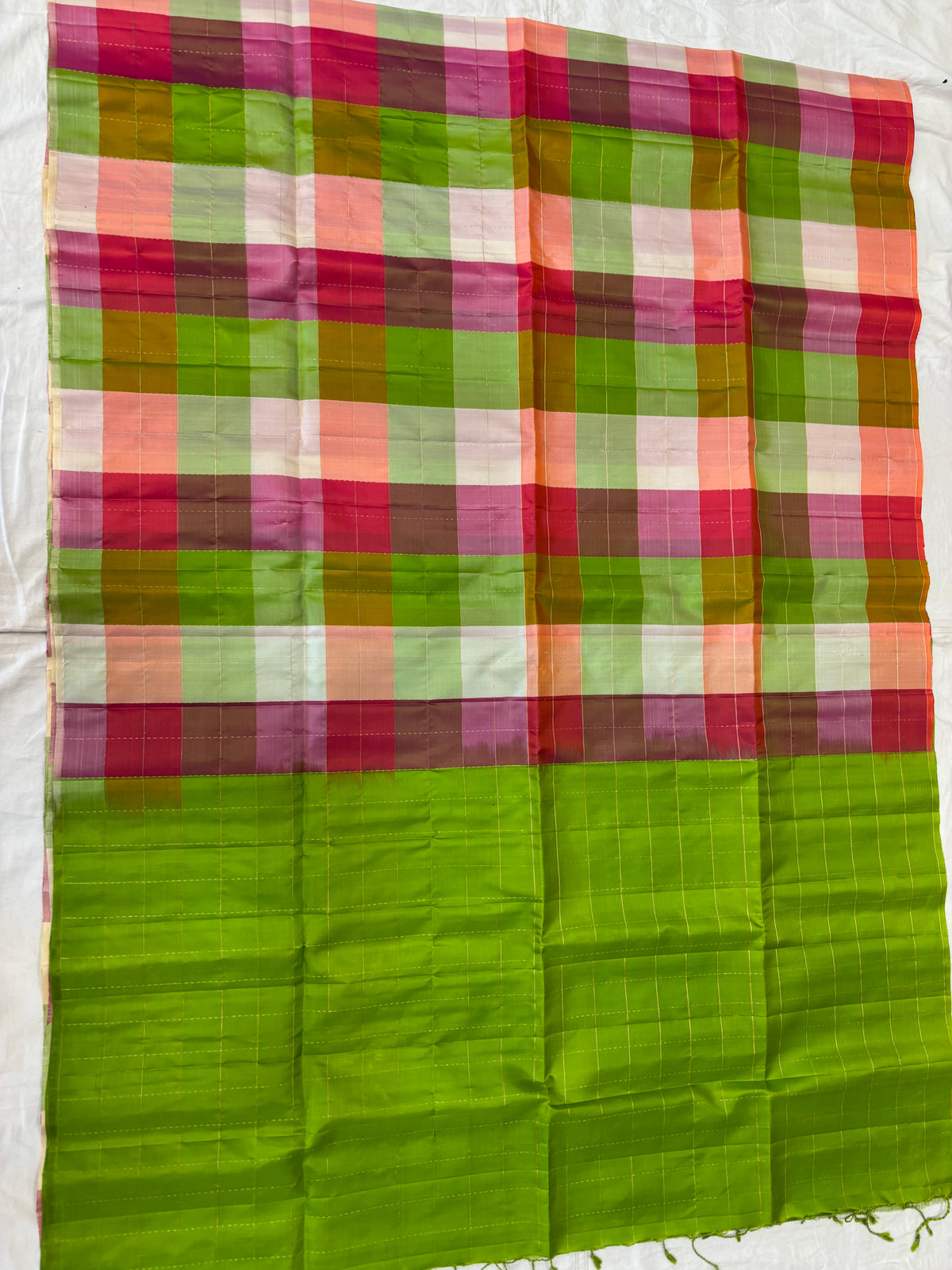 Kattam green Pallu multicolor checks handloom softsilk saree - Pure silk saree