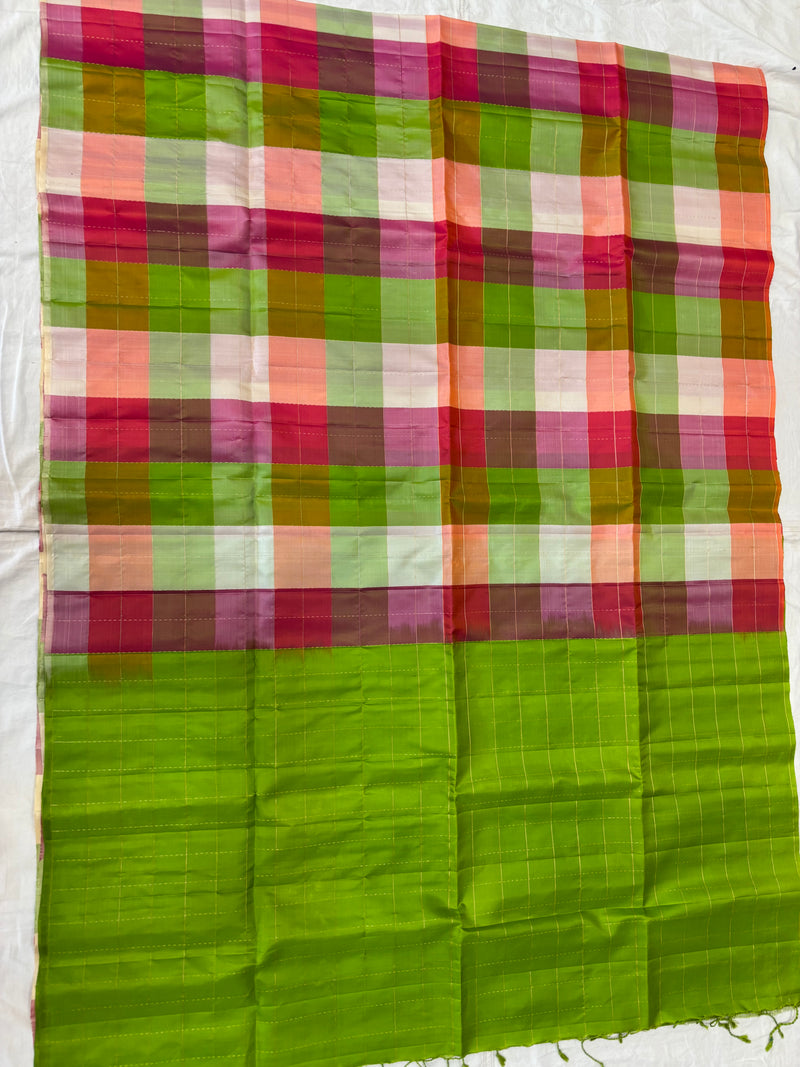 Kattam green Pallu multicolor checks handloom softsilk saree - Pure silk saree