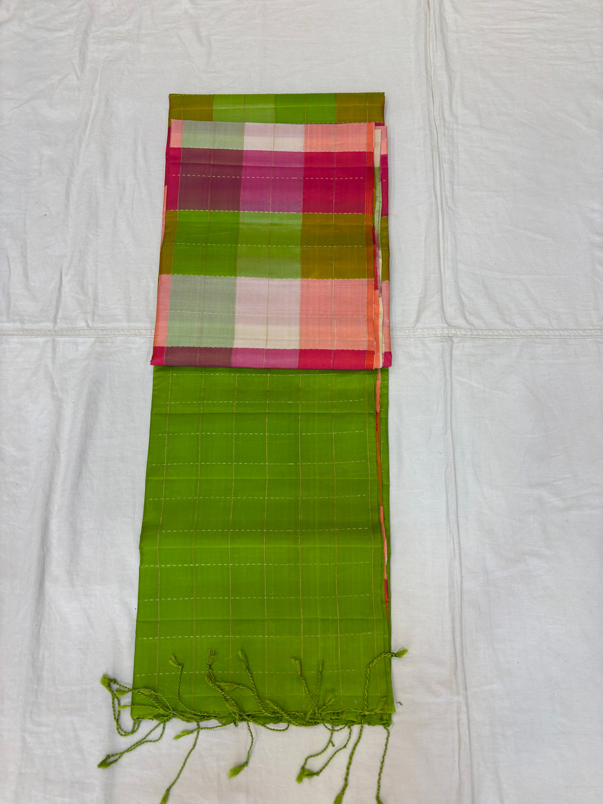 Kattam green Pallu multicolor checks handloom softsilk saree - Pure silk saree