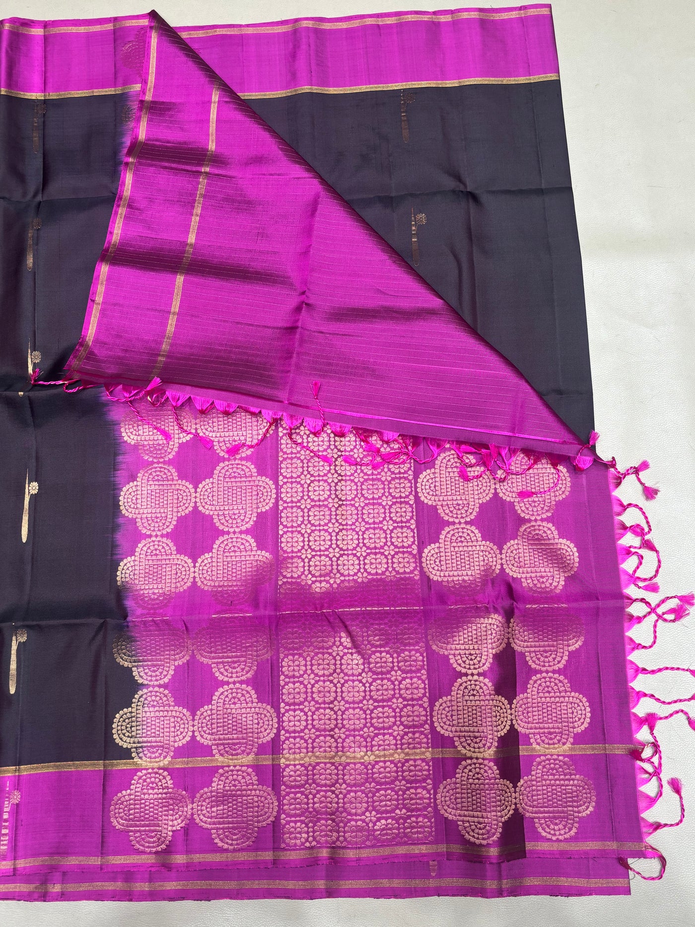 Hridya dark brown & pink handloom softsilk saree - Pure silk saree