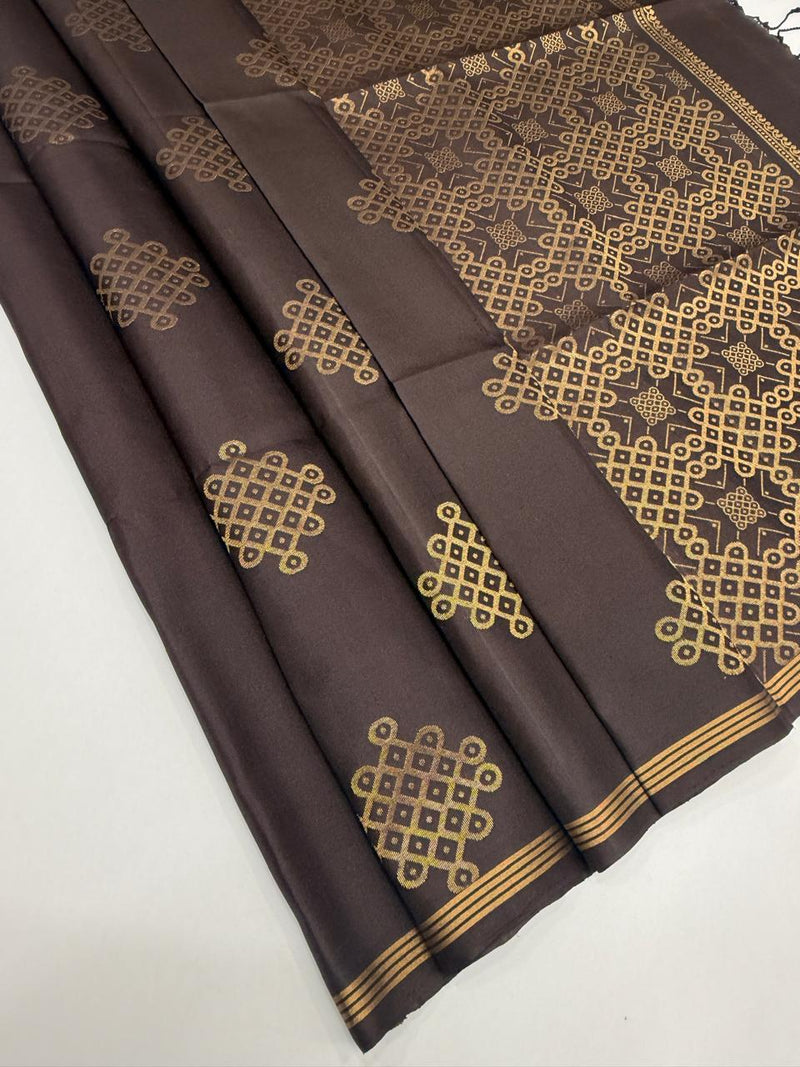 Kolam dark brown softsilk saree - dark coffee brown color body, pallu , blouse pure silk saree