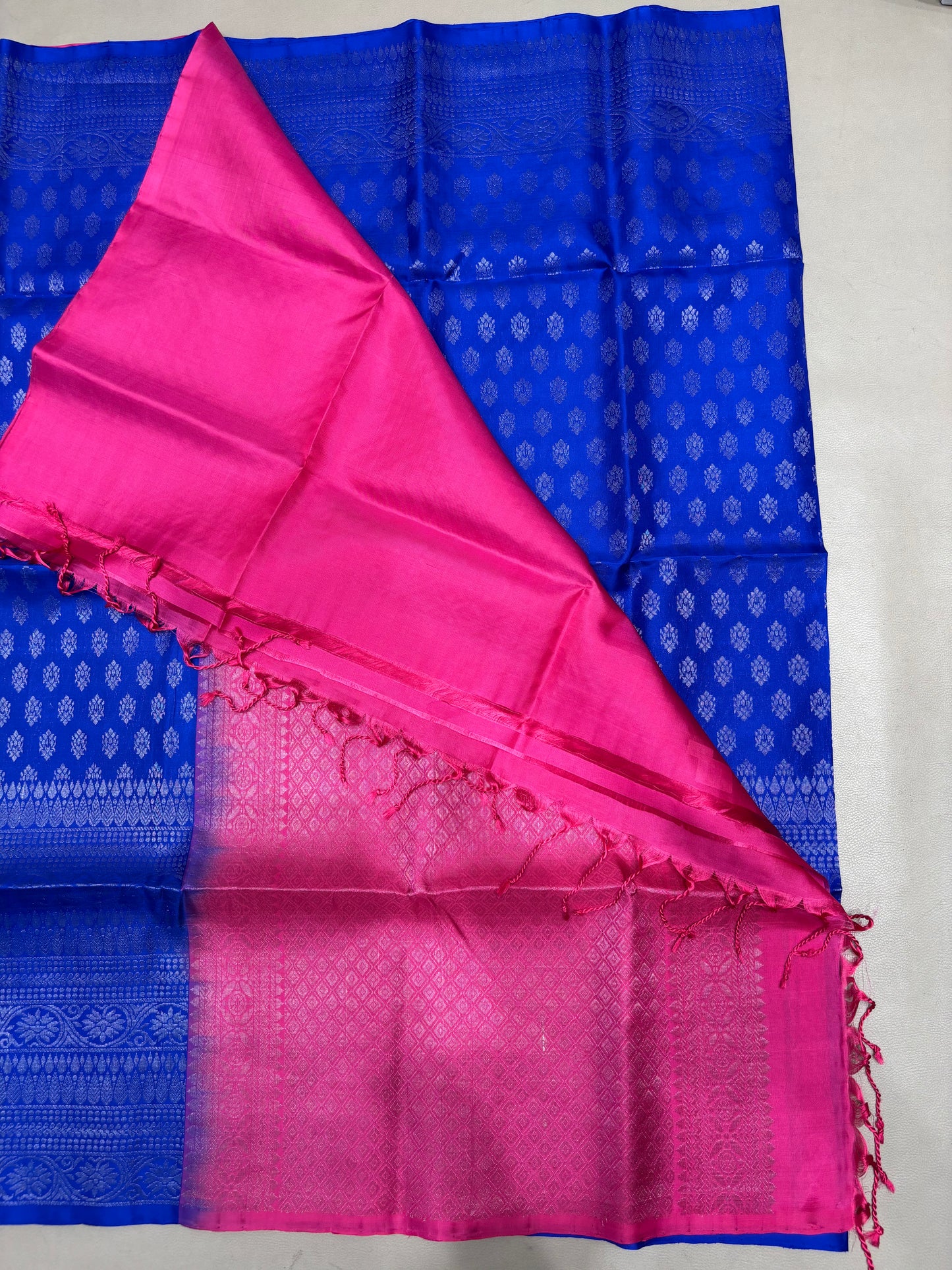 Vairam blue & pink bridal brocade softsilk saree - Pure silk saree