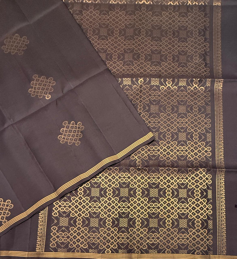 Kolam dark brown softsilk saree - dark coffee brown color body, pallu , blouse pure silk saree