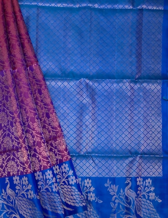 Kamini violet color body & peacock blue color pallu , blouse pure silk saree