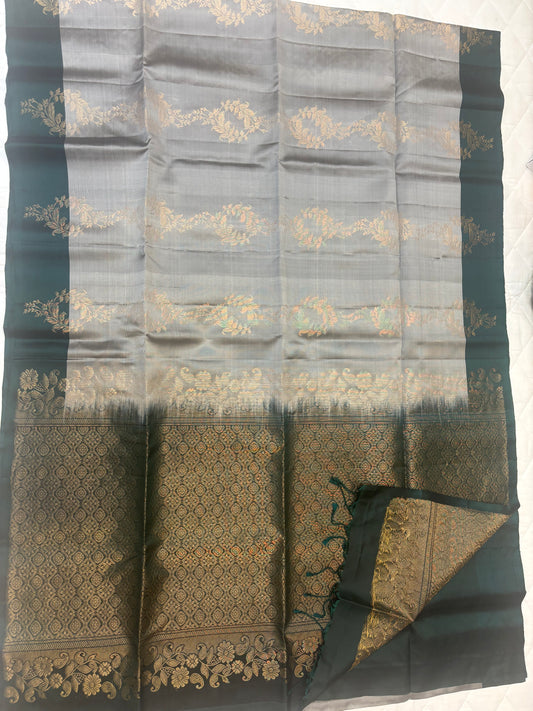 Kalanjali grey & bottle green softsilk saree - Pure silk saree-AK1111