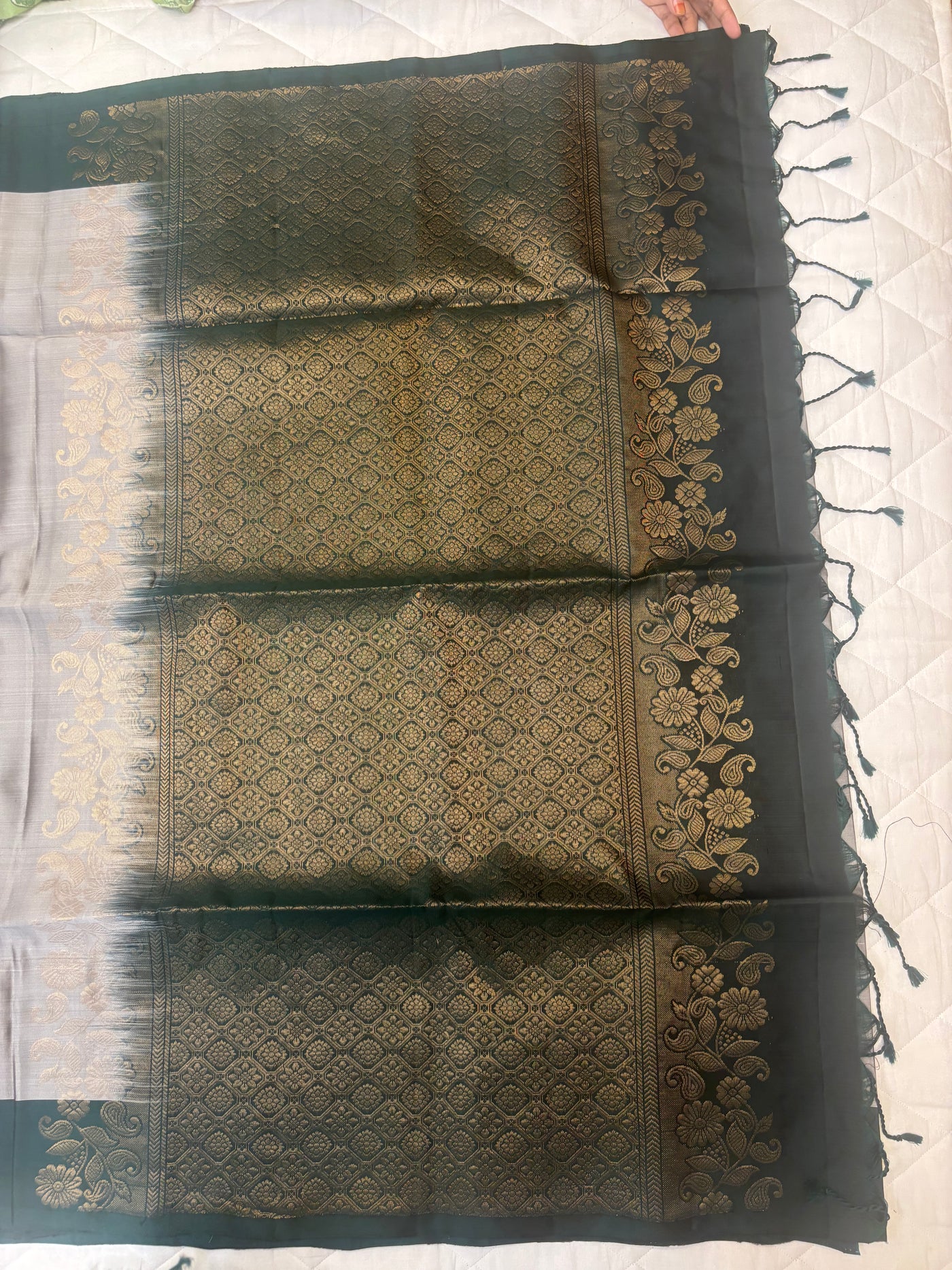 Kalanjali grey & bottle green softsilk saree - Pure silk saree-AK1111