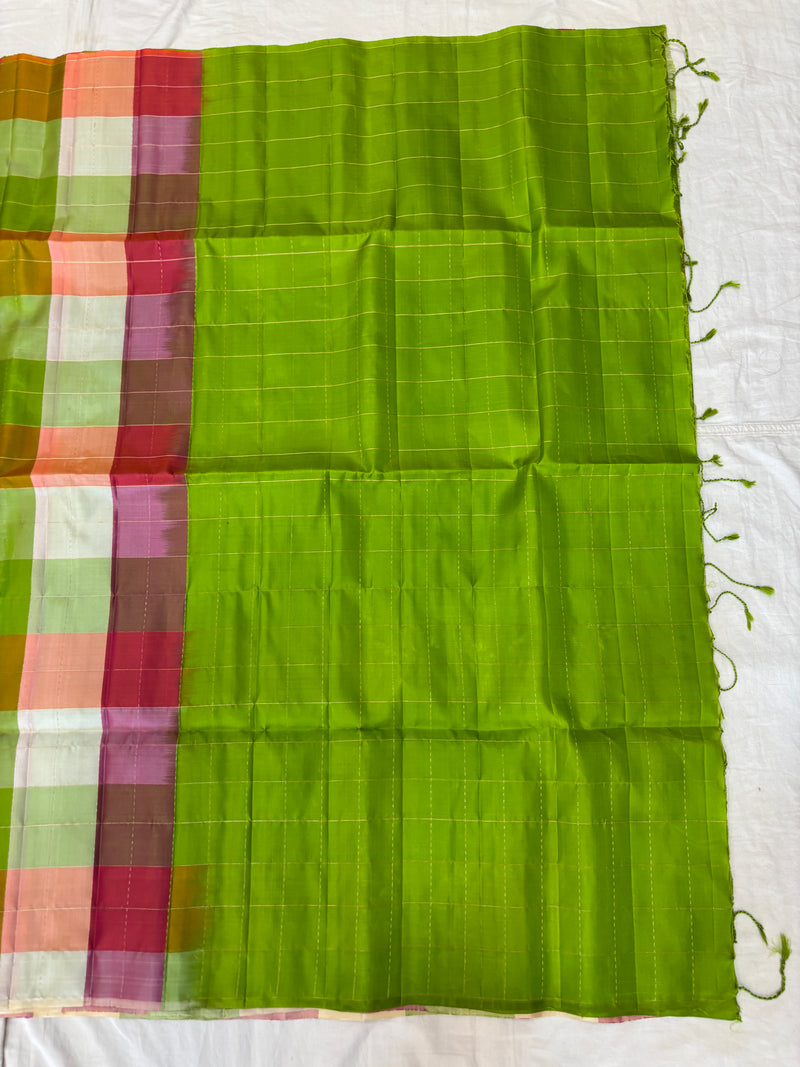 Kattam green Pallu multicolor checks handloom softsilk saree - Pure silk saree