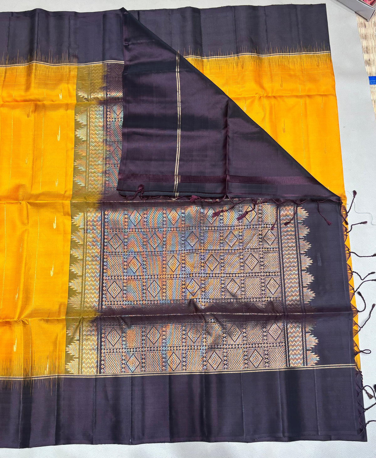 Leelavathi yellow & coffee brown handloom softsilk saree - Pure silk saree - GA104