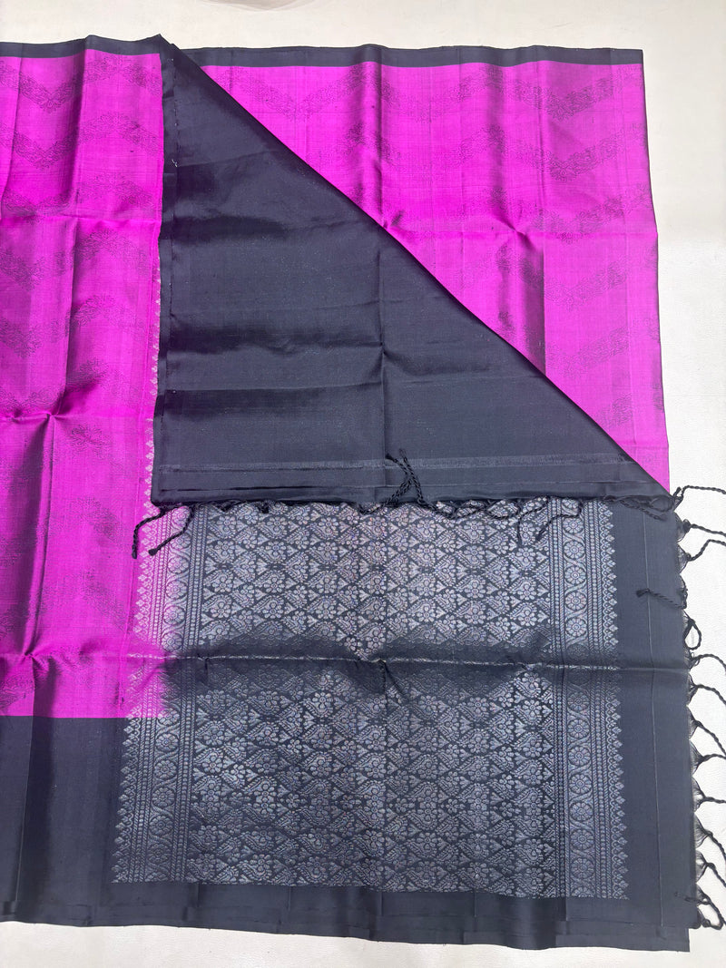 Darika pink & black handloom softsilk saree - Pure silk saree