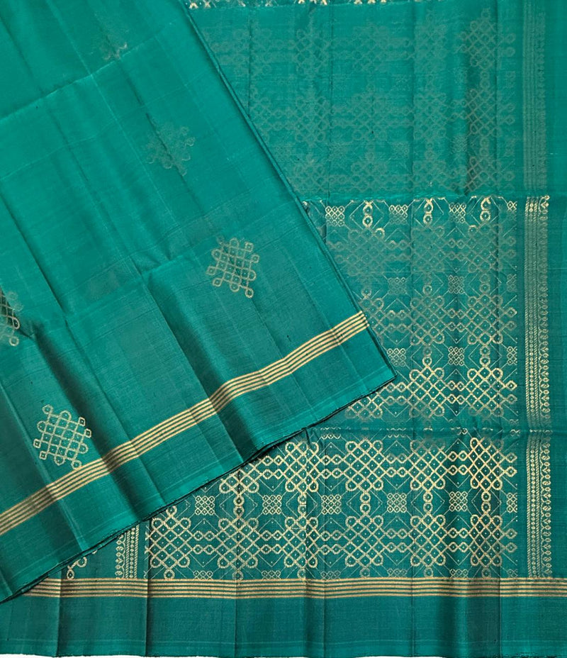 Kolam softsilk saree - peacock green color body, pallu , blouse pure silk saree