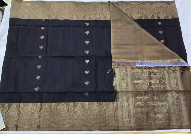 Keshavi black handloom softsilk saree - Pure silk saree- Double Korvai border - AK1101- AK1103
