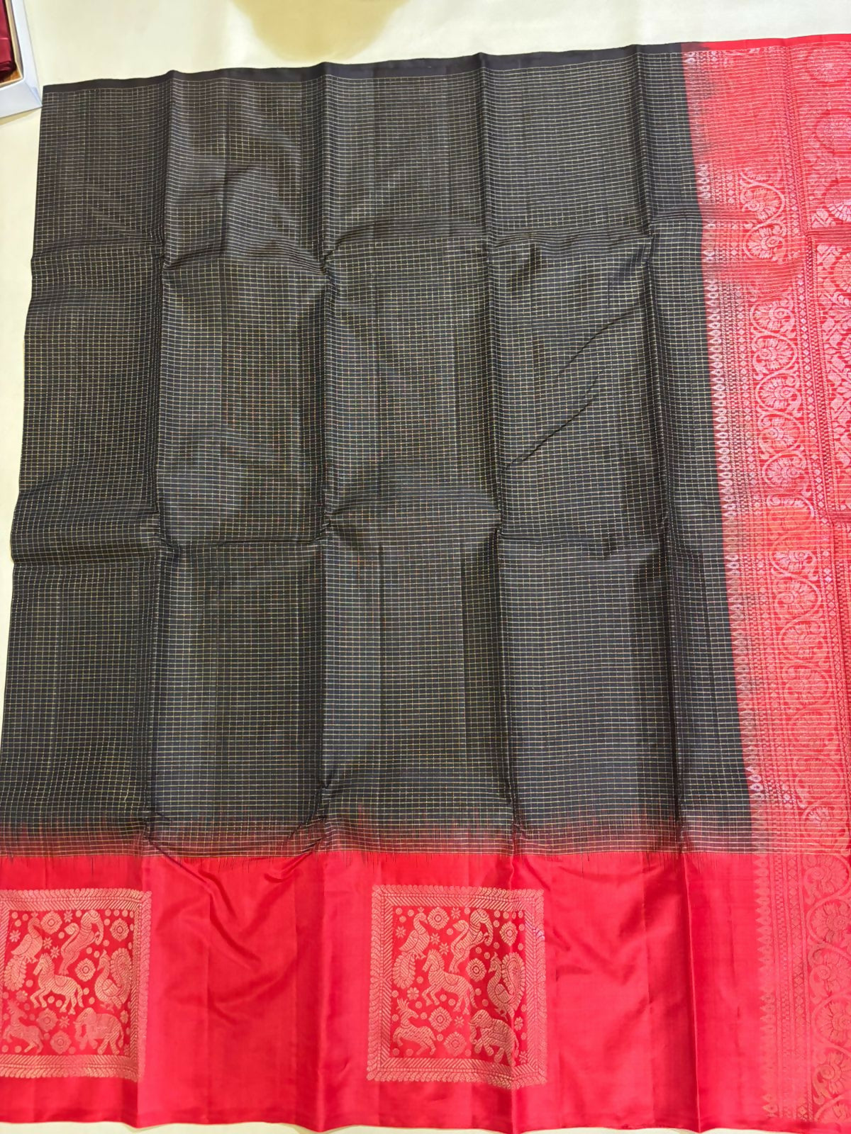 Kavi black & red handloom softsilk saree - Pure silk saree