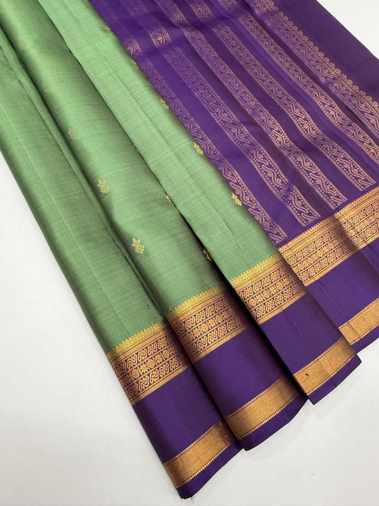 Kritika pastel green color body , violet color pallu,blouse - Pure silk saree