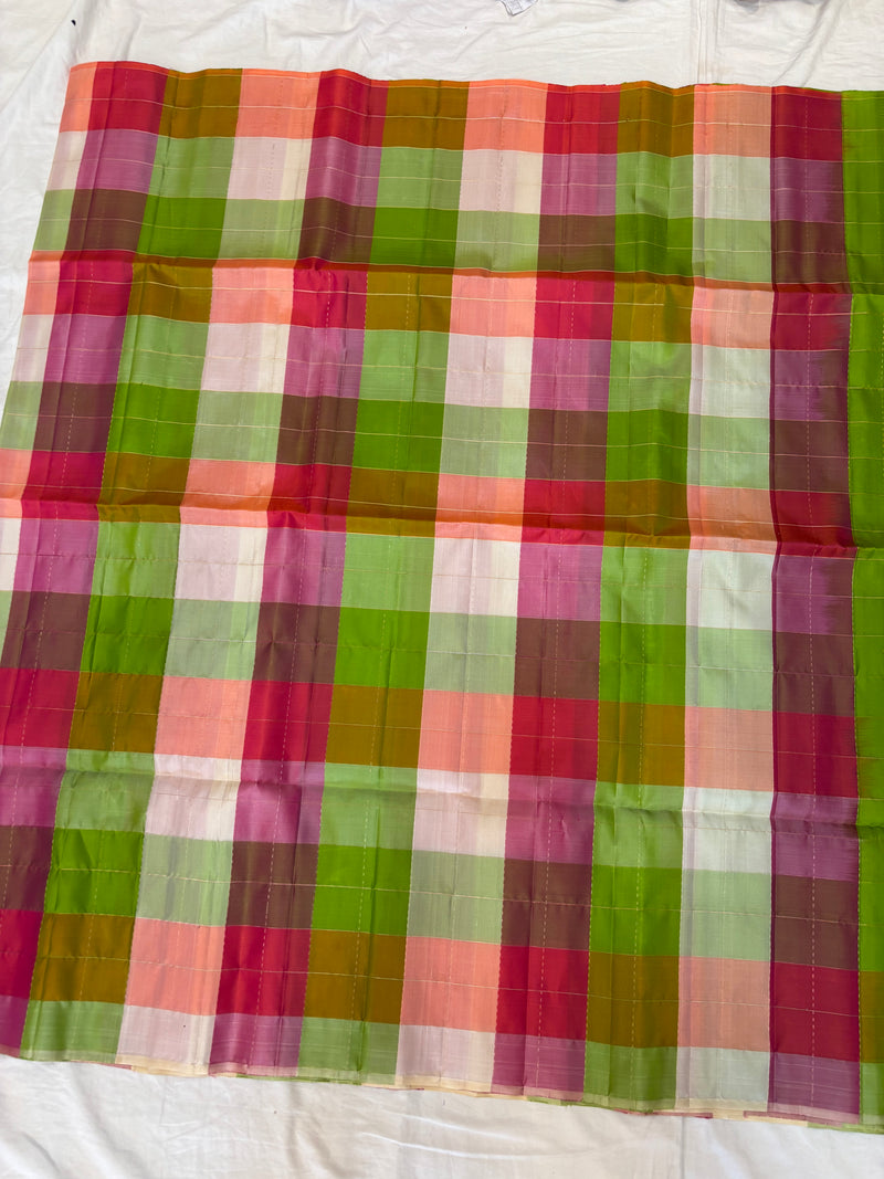 Kattam green Pallu multicolor checks handloom softsilk saree - Pure silk saree