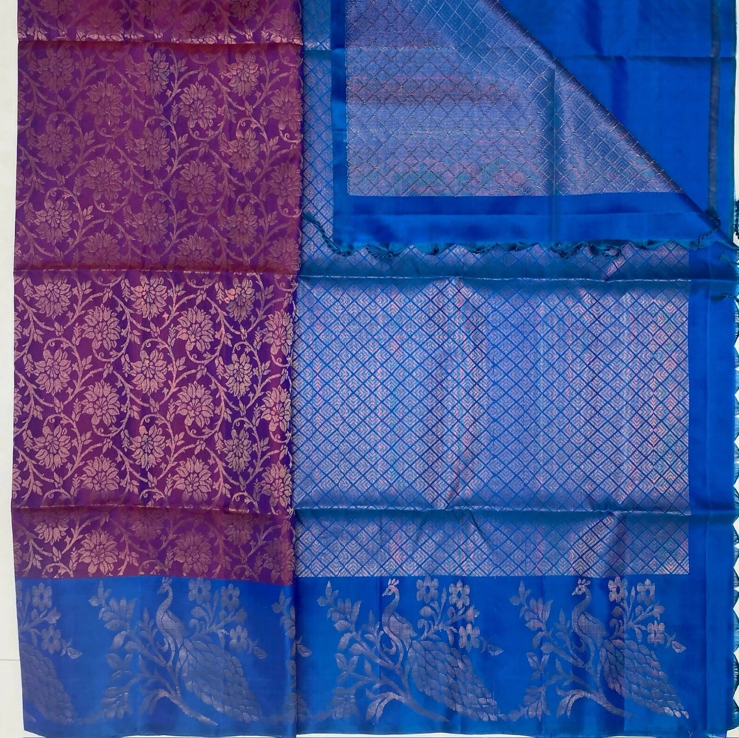 Kamini violet color body & peacock blue color pallu , blouse pure silk saree