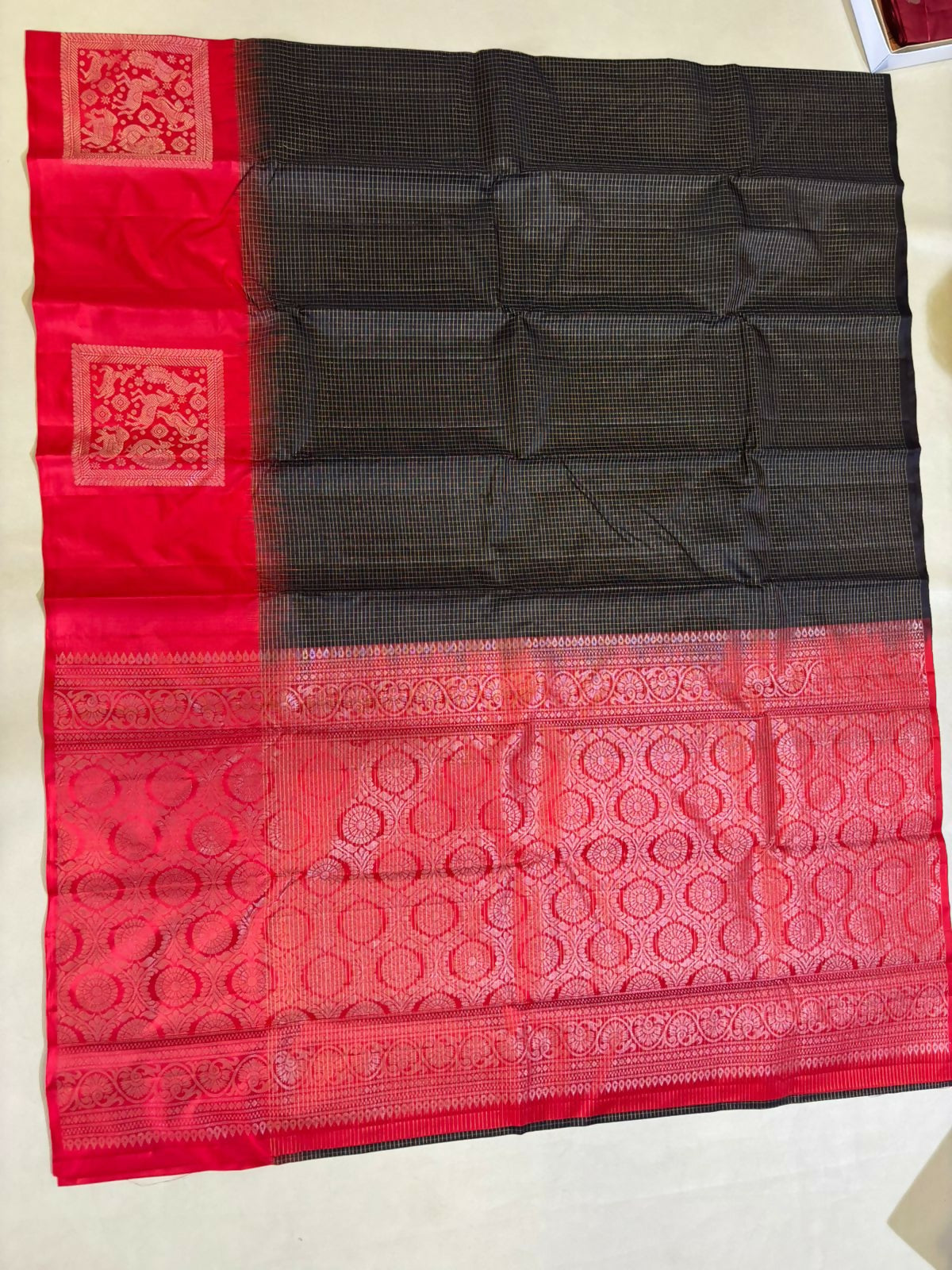 Kavi black & red handloom softsilk saree - Pure silk saree