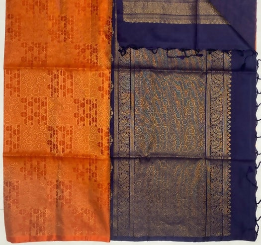 Inbam - Orange color body & Navy blue color pallu, blouse pure silk saree