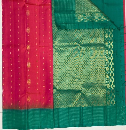 Inba dark pink color body & green color pallu,blouse - Pure silk saree