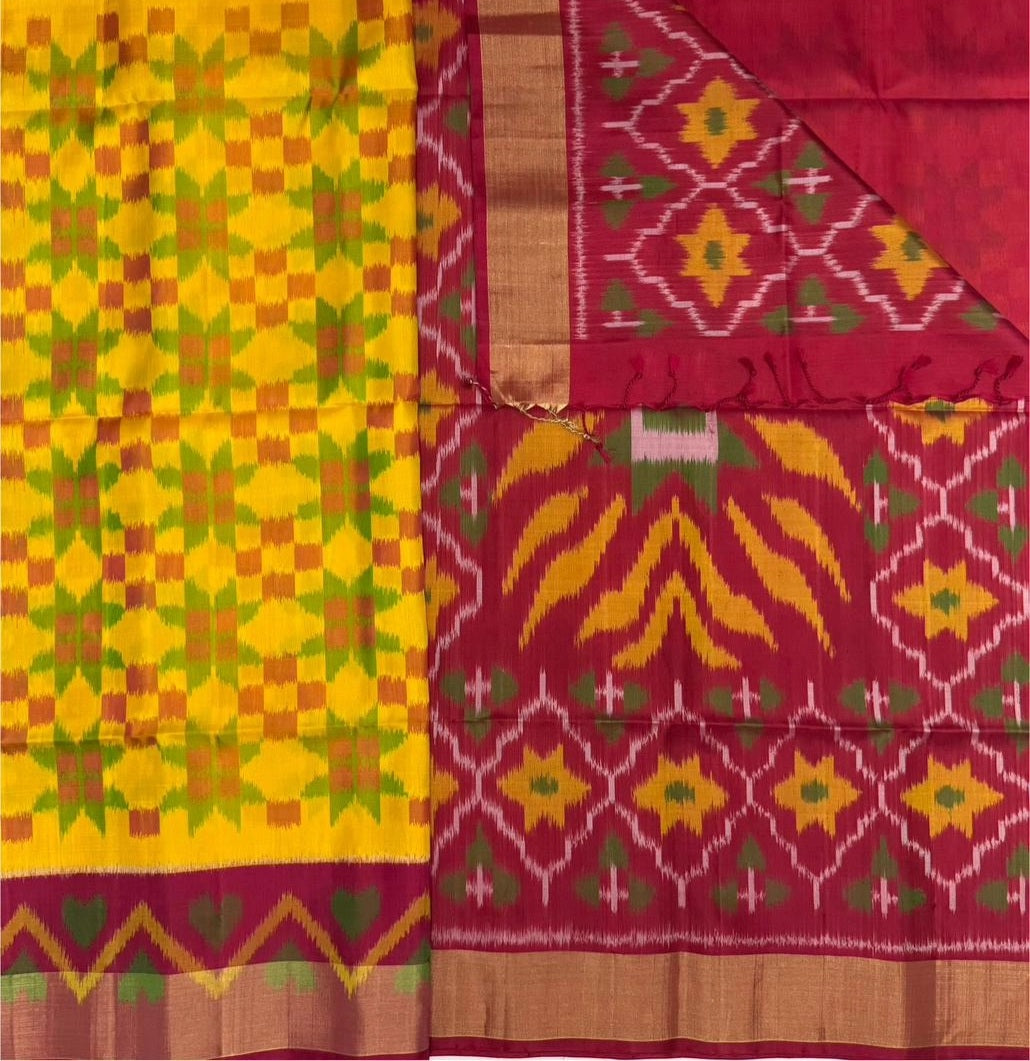 Kanaka mango yellow color body & red color pallu , blouse - Pure silk saree