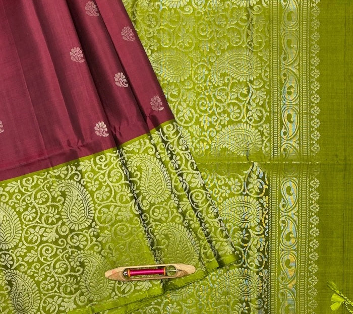 Ish beetroot red color body & lime green color pallu , blouse - Pure silk saree