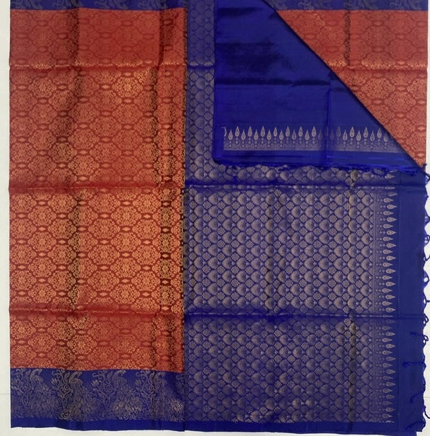 Anicham maroon color body & dark ink blue color pallu , blouse pure silk saree