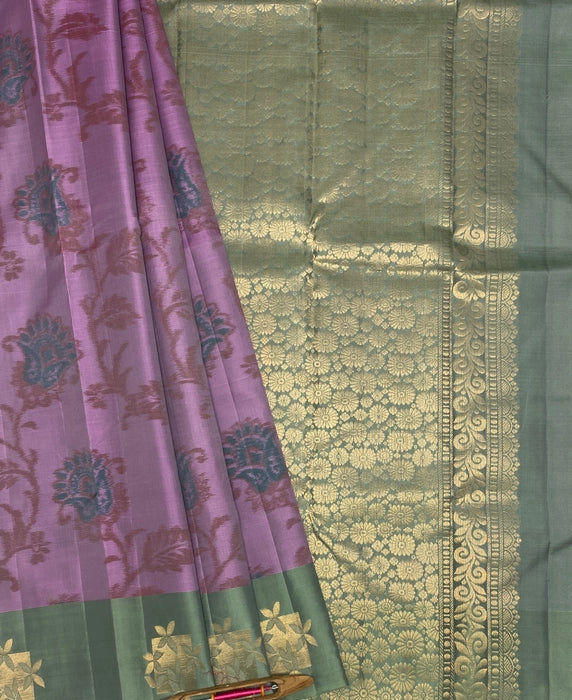 Aarul lavender color body & pastel green color pallu , blouse - Pure silk saree