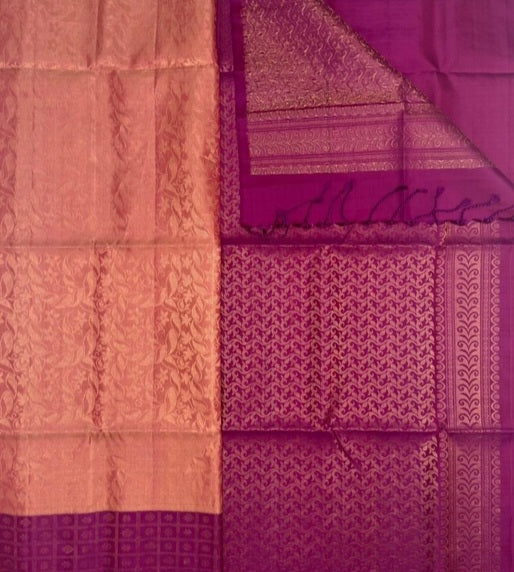 Miela- peach with pink color body & magenta color pallu , blouse pure silk saree