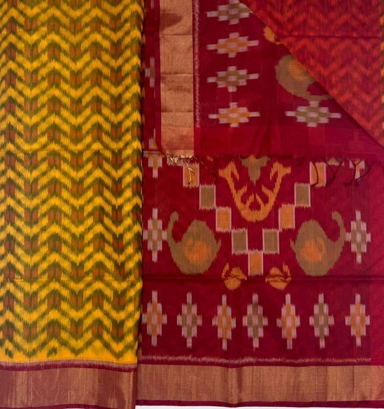 Thaen pochampally silk cotton saree - mango yellow color body & red color pallu , blouse.