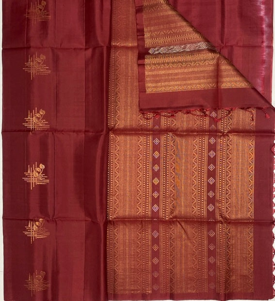 Yaazhini maroon color body, pallu , blouse pure silk saree