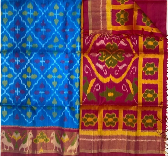 Neel Pochampally ikkat blue color body & magenta color pallu , blouse - Pure silk saree