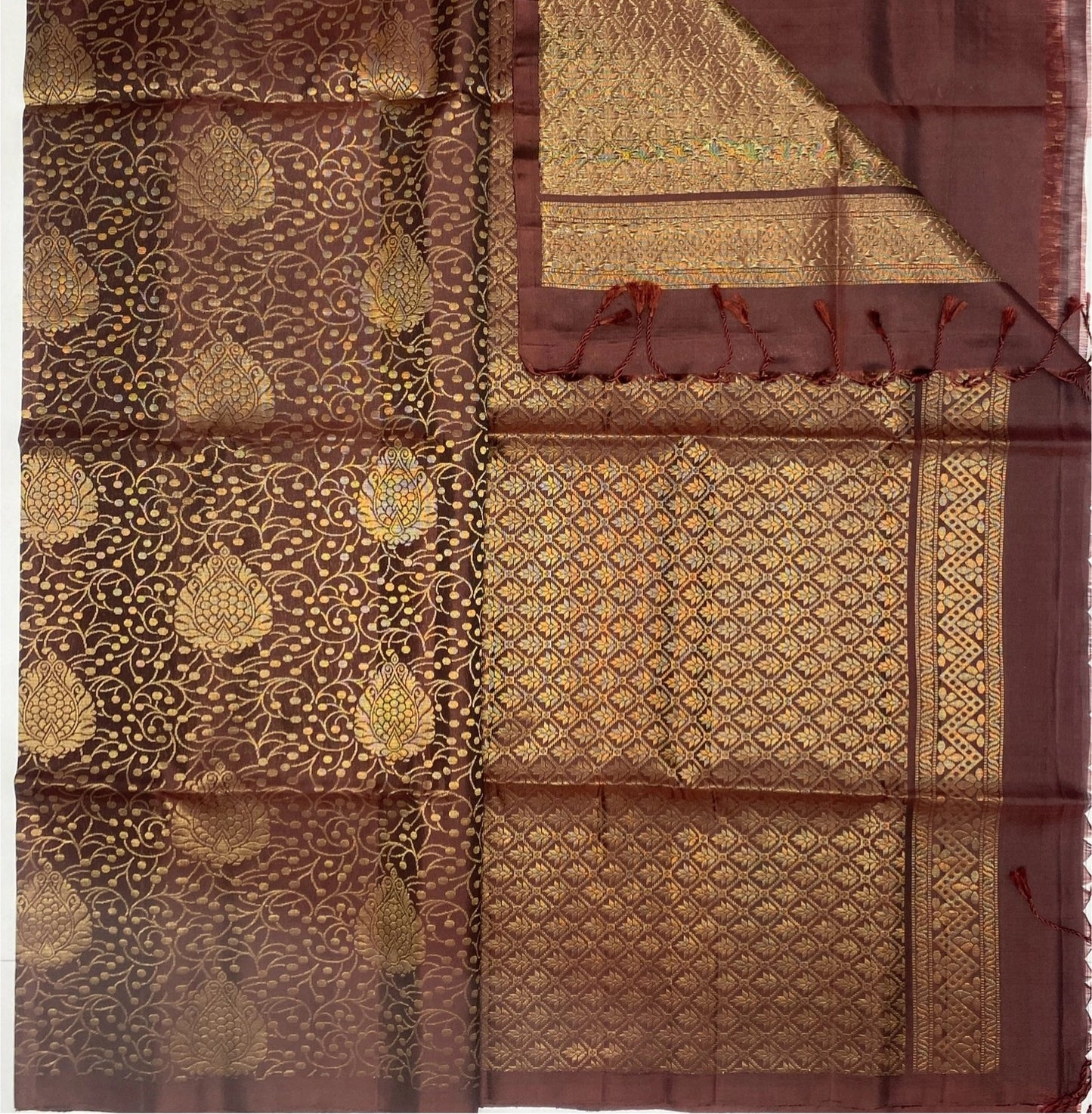 Poonam coffee brown color body, pallu , blouse pure silk saree