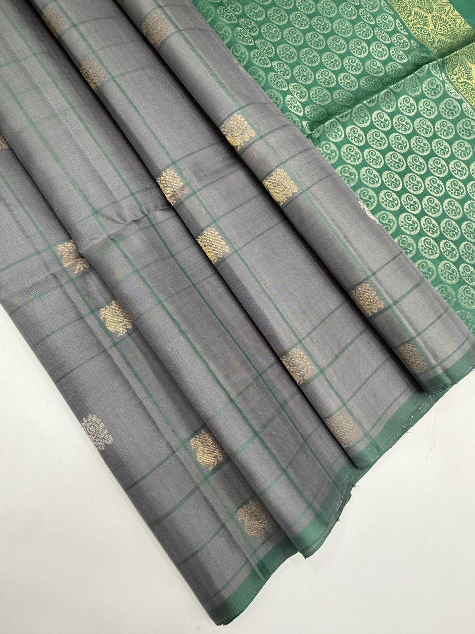 Varunika pastel grey color body & pastel green color pallu,blouse - Pure silk saree