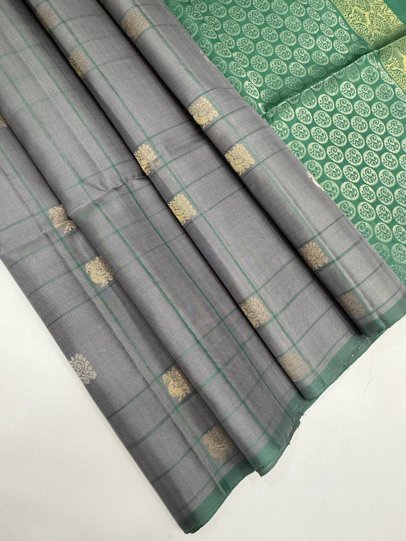 Varunika pastel grey color body & pastel green color pallu,blouse - Pure silk saree