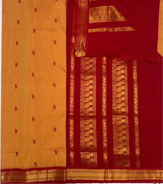 Kana cotton saree - red with sandal color body & red color pallu,blouse.