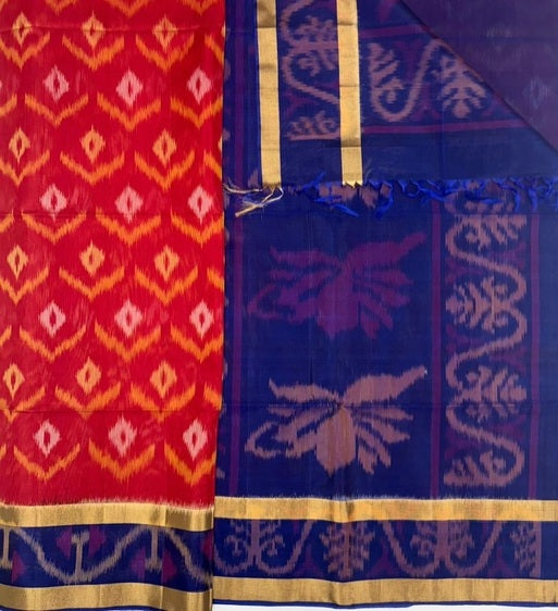 Sempoo pochampally silk cotton saree - red color body & ink blue color pallu , blouse.