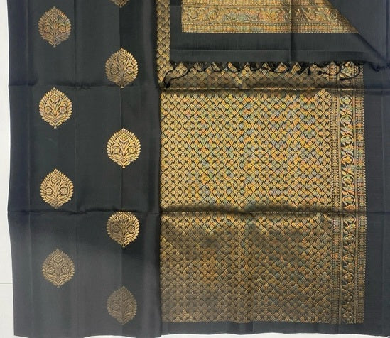 Mynah black color body, pallu , blouse pure silk saree