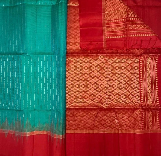Haritha peacock green color body & red color pallu , blouse - Pure silk saree
