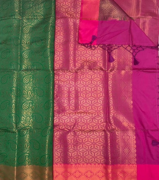 Kaash art silk saree - green color body & magenta color pallu , blouse.