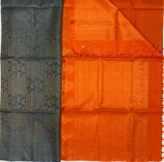 Aadhi grey color body & orange color pallu , blouse pure silk saree