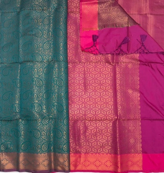 Raavi art silk saree - peacock green color body & magenta color pallu , blouse.