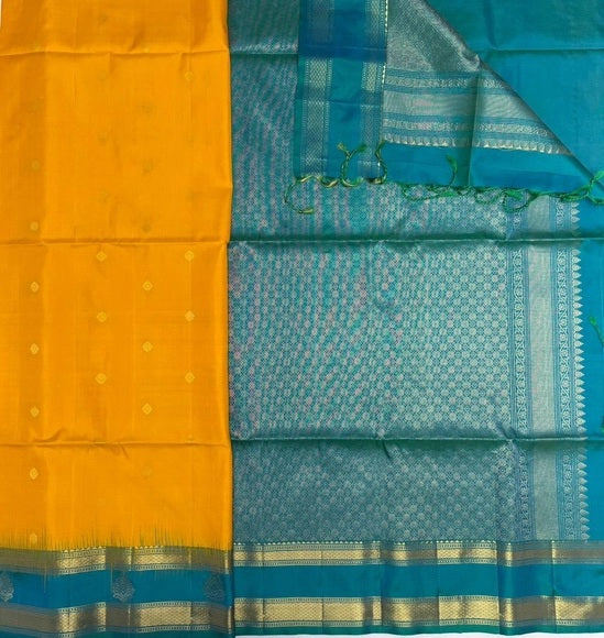 Manjal Neelam mango yellow color body & bluish green color pallu,blouse - Pure silk saree