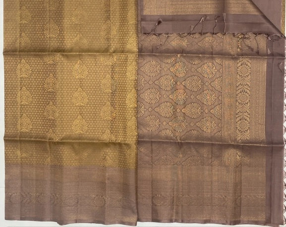 Thangam light golden color body & chocolate brown color pallu , blouse pure silk saree