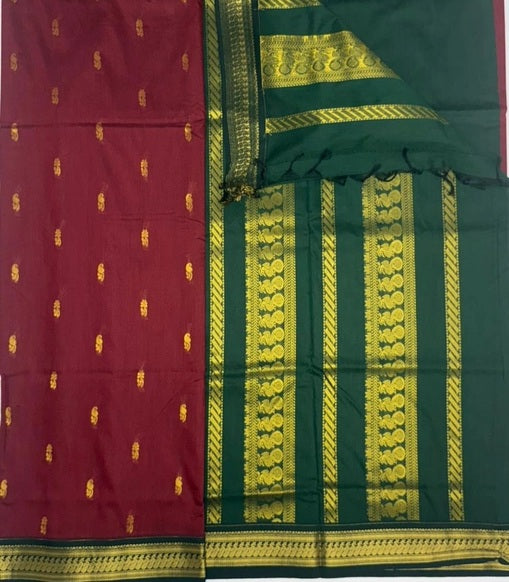 Kana cotton saree - dark maroon color body & bottle green color pallu,blouse.