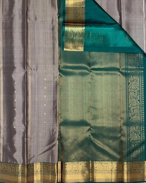 Nila grey color body & green color pallu,blouse - Pure silk saree