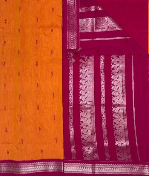 Rosh cotton saree - light orange color body & rani pink color pallu,blouse.