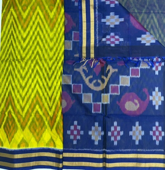 Maari pochampally silk cotton saree - bright yellow color body & royal blue color pallu , blouse.