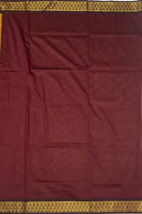 Suvarna cotton saree - mustard yellow color body & dark maroon color pallu,blouse.