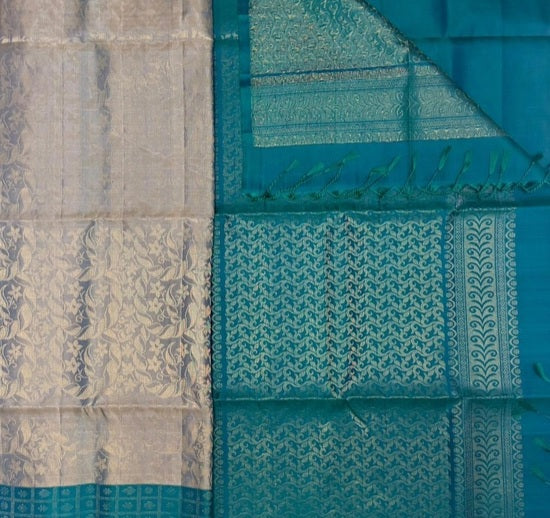 Dhevi grey with green color body & bluish green color pallu , blouse pure silk saree