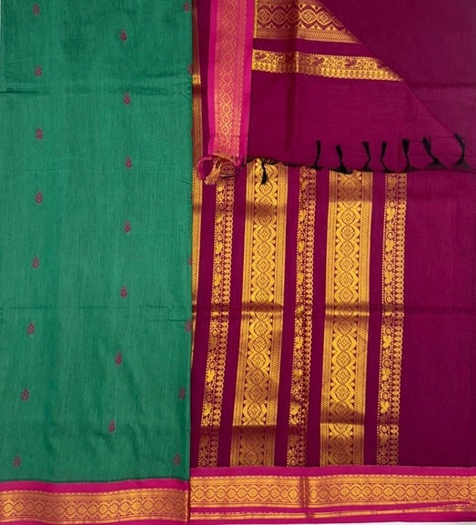 Tulasi cotton saree - green color body & purple color pallu,blouse.
