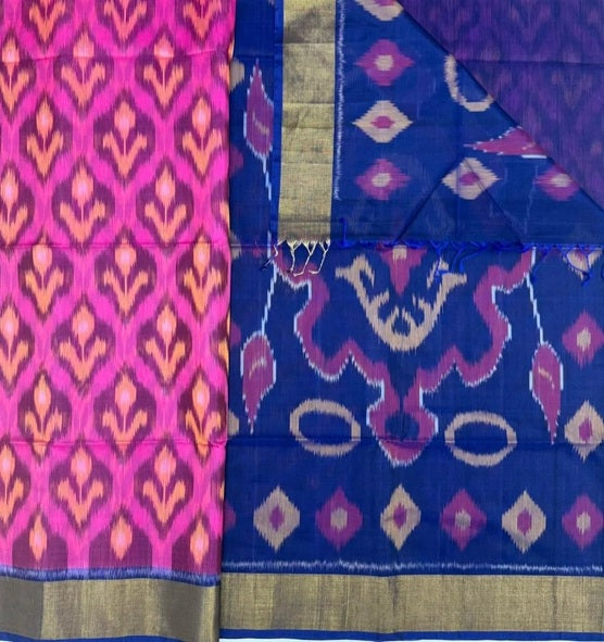 Ponrani pochampally silk cotton saree - rani pink color body & navy blue color pallu , blouse.